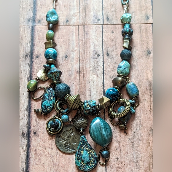 Multi Green Hues Multiple Charms & Beaded Necklace W Turquoise Chain - Picture 2 of 9
